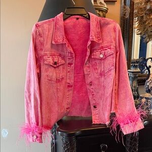 Vibrant Pink Feather-Trimmed Jean Jacket